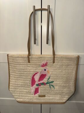 NEW Vera Bradley Woven Straw Tote Bag with Pink Parrot Embroidery